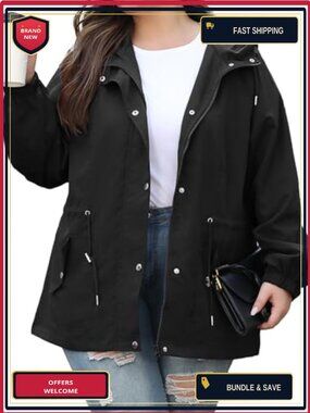 Plus Size Women's Lightweight Waterproof Hooded Rain Jacket with Pockets